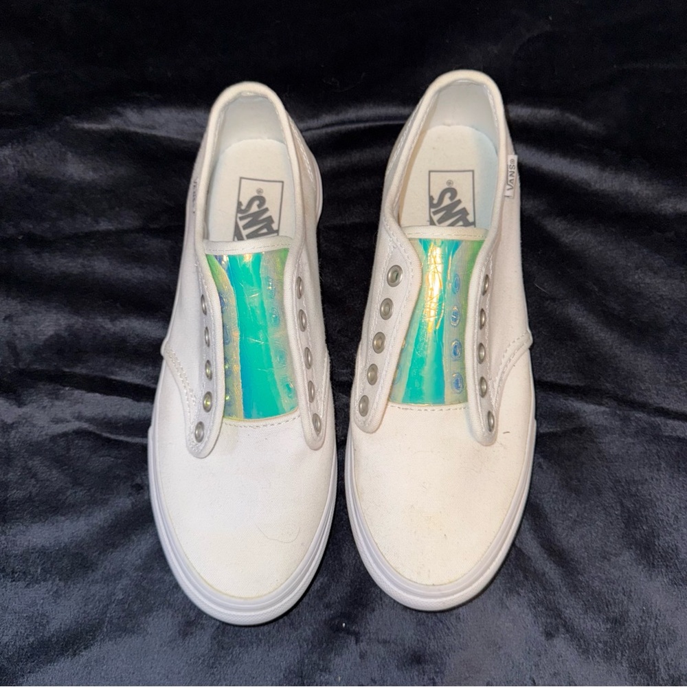 Vans White Sneakers with Iridescent Green Accent